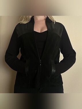 Escapade Black Real Leather Suede Mixed Media Ribbed Knit Zip Jacket M